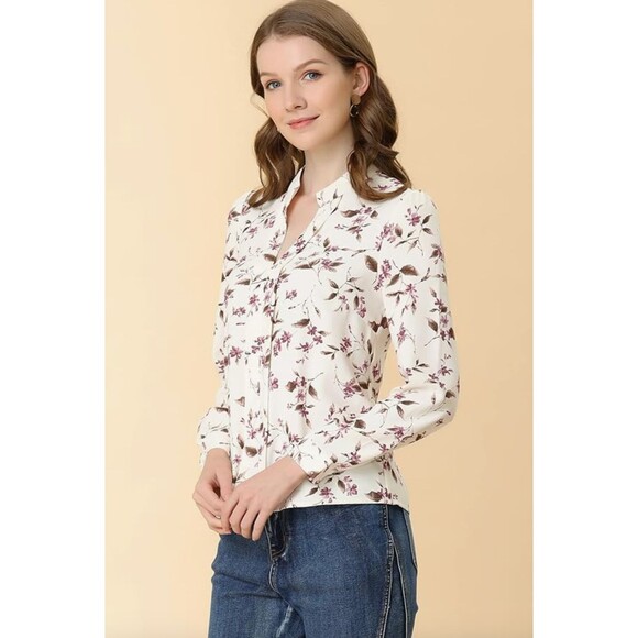 New Allegra K Women's Floral Print V Neck Office Long Sleeve Blouse, S - Picture 3 of 5